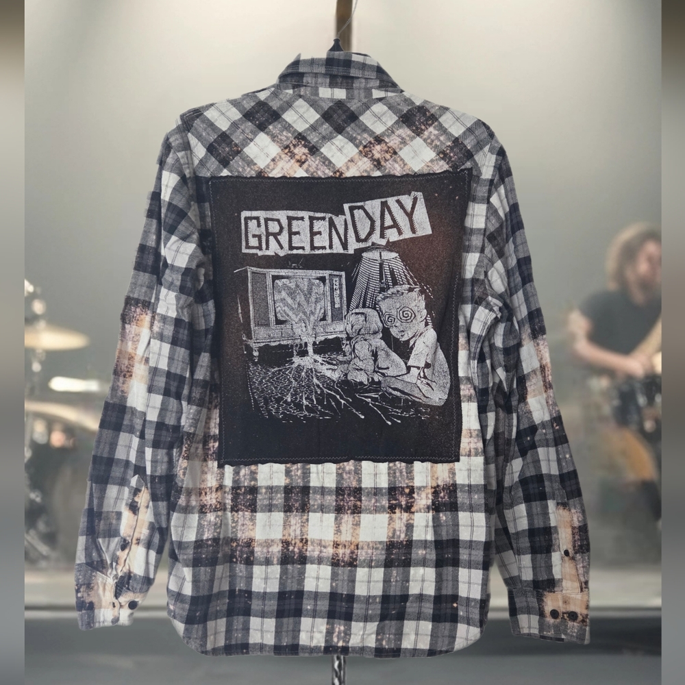 Upcycled GREEN DAY distressed Graphic Flannel Shirt